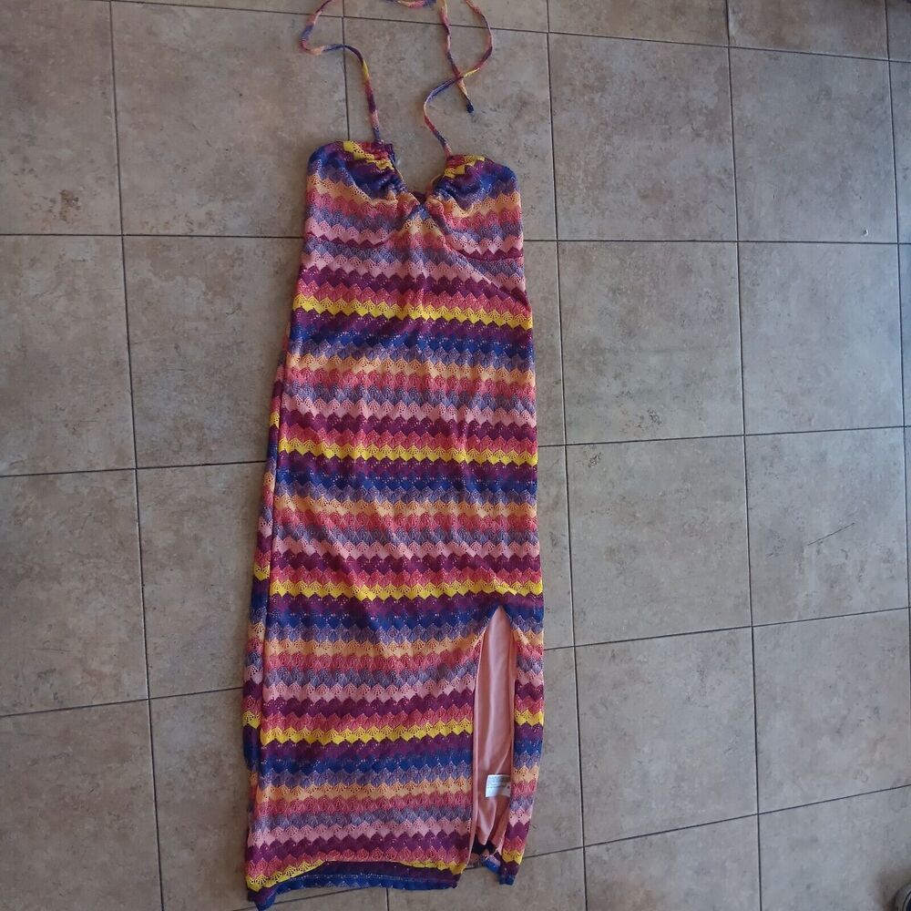 Wild Fable Womens Maxi Dress Crochet Slip Halter Lace Cover Up Sz S Multicolor